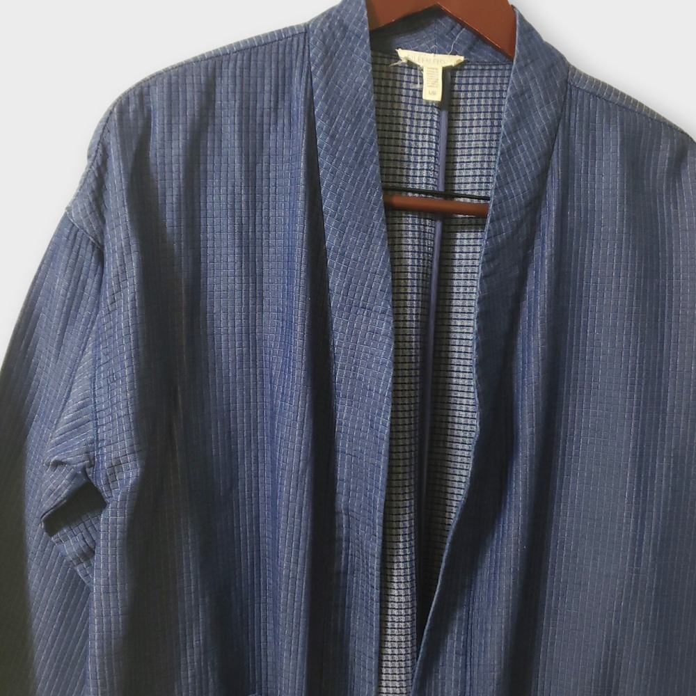 Eileen Fisher Grid Textured Tencel Open Front Kimono Jacket Blue Large Pockets - Picture 2 of 11